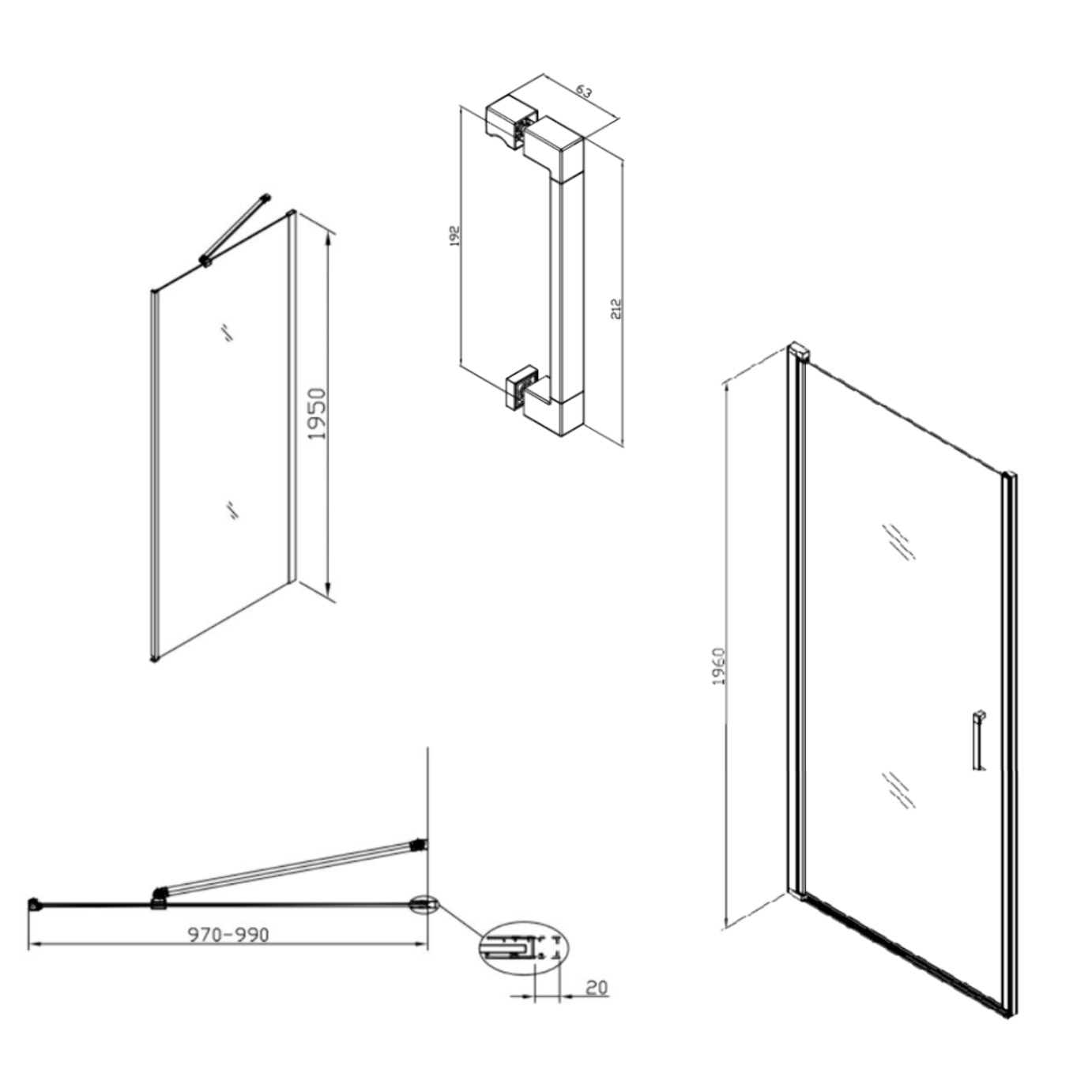 Fusion ensemble porte pivotante /paroi 100x100cm anticalcaire avec profilés chrome brillant (SATFUD100S100-SET)