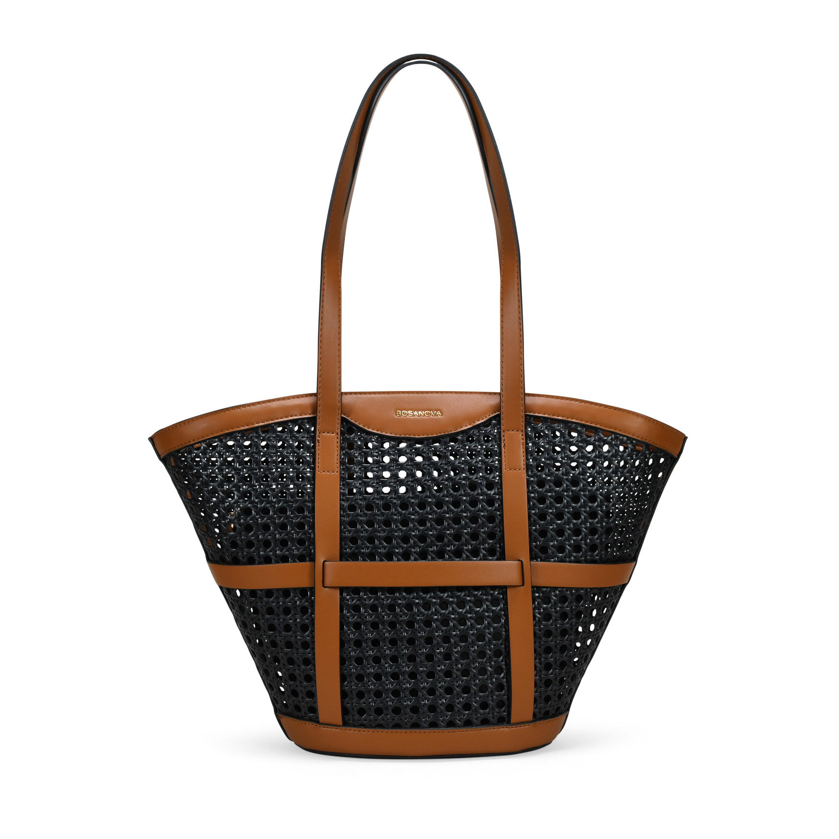 Bolso de hombro negro con rejilla de mimbre