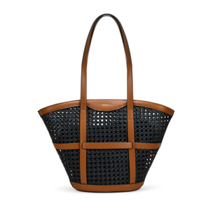 Bolso de hombro negro con rejilla de mimbre
