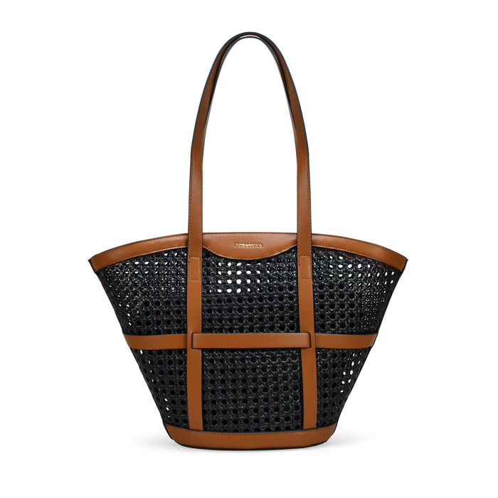 Bolso de hombro negro con rejilla de mimbre