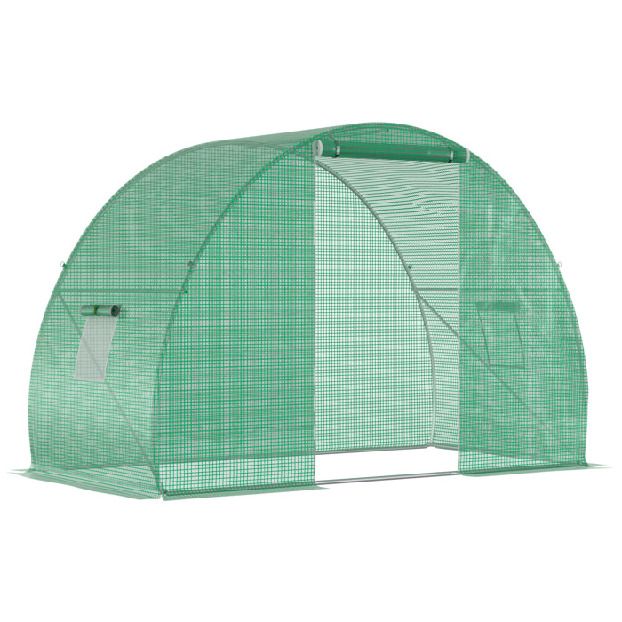 Serre de jardin tunnel surface sol 4,5 m² dim. 3L x 1,5l x 2H m châssis tubulaire renforcé porte zippée 2 fenêtres enroulables vert