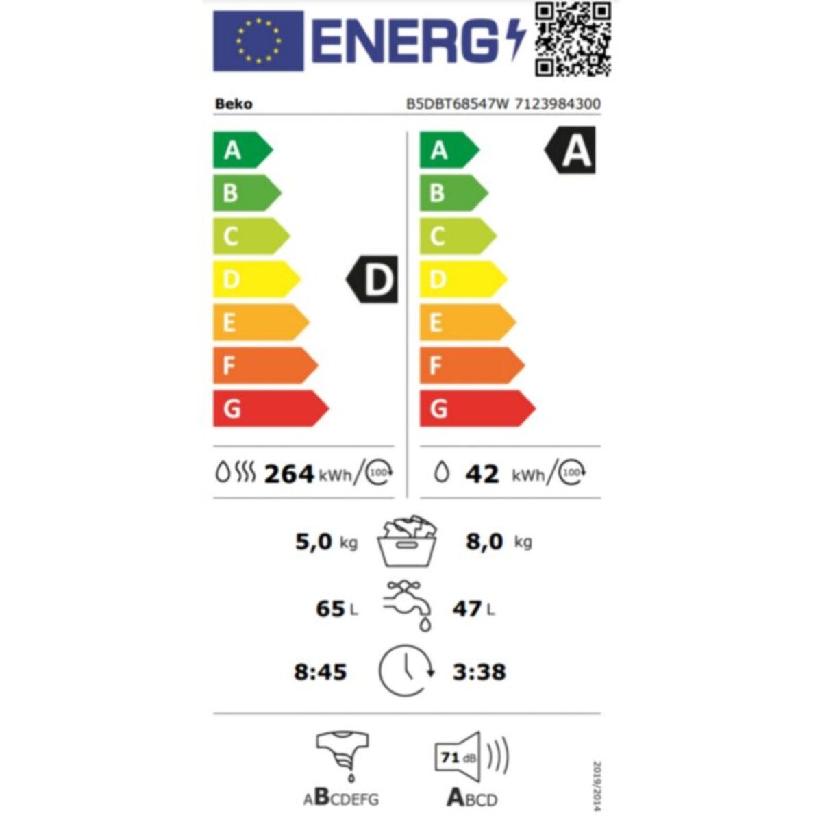 Lave linge séchant hublot encastrable BEKO B5DBT68547W - 8/5 kg - 1400 tr/min - Classe D - Moteur induction