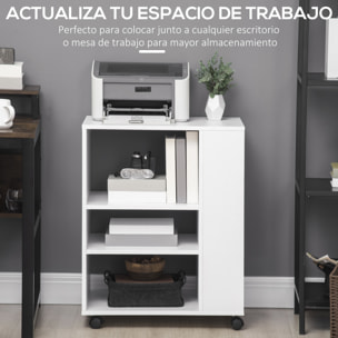 Armario para Impresora Mueble Auxiliar de Oficina con Ruedas con 3 Estantes Laterales y 2 Frenos Carga 30 kg para Dormitorio Cocina Salón 60x40x75,8 cm Blanco