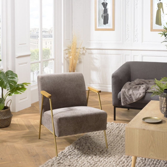 AGATHE - Fauteuil lounge tissu taupe métal doré accoudoirs bois