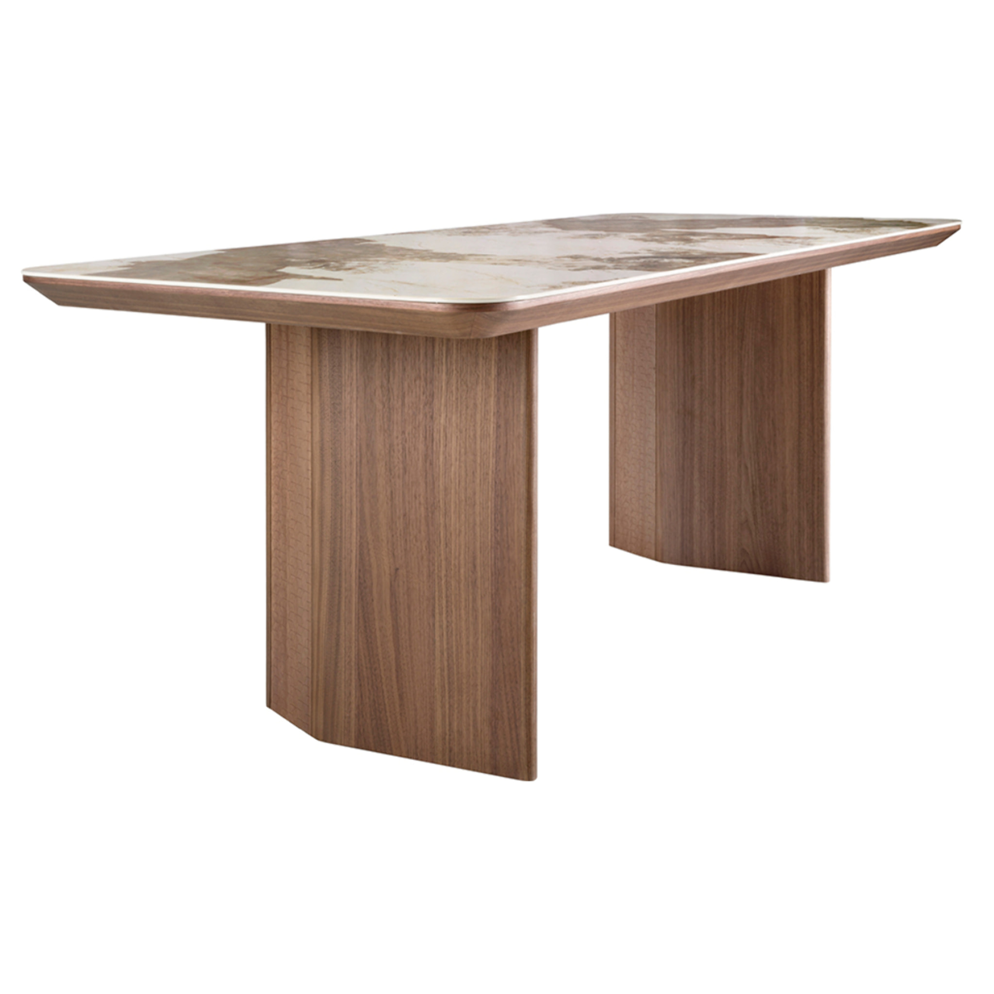 Mesa comedor rectangular con tapa fija de mármol porcelánico blanco con vetas en tonos tierra en acabado brillo 200x90x77cm