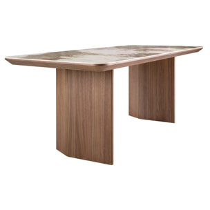 Mesa comedor rectangular con tapa fija de mármol porcelánico blanco con vetas en tonos tierra en acabado brillo 200x90x77cm