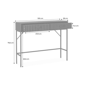 Console 2 tiroirs effet bois rainuré noir. pieds métal noir