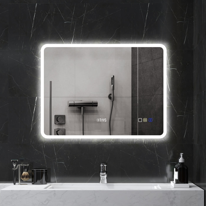 Espejo de Baño con Luz LED 80x60 cm Espejo de Pared con Bluetooth 3 Colores de Luz Función Antivaho Función de Memoria Interruptor Táctil IP44
