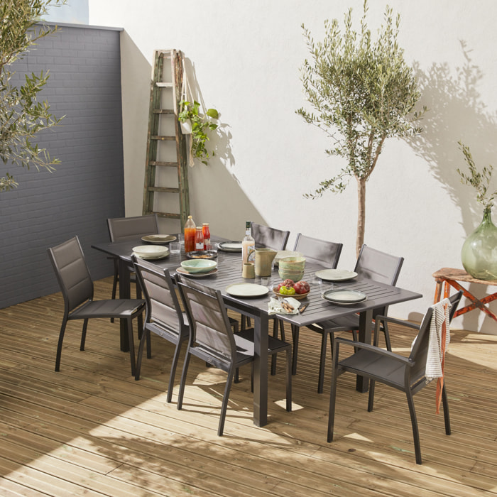 Table de jardin extensible aluminium + 8 assises - Chicago Anthracite/Gris taupe - Table en aluminium 175/245cm avec rallonge et 8 assises en textilène