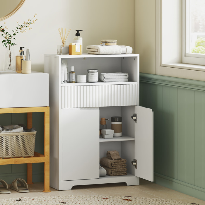 HOMCOM Armario de Baño Estrecho, Mueble de Baño con Cajón de Frontal Acanalado, Estante Abierto, 2 Puertas y Estante Ajustable, Estilo Moderno, 60x30x91,5 cm, Blanco