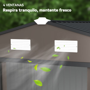 Caseta de Jardín Exterior 4,9 m² 277x195x192 cm Efecto Madera Cobertizo de Jardín Exterior con Puerta Corredera Techo Inclinado Base Refuerzo (Suelo NO Incluido) y 4 Ventanas Marrón