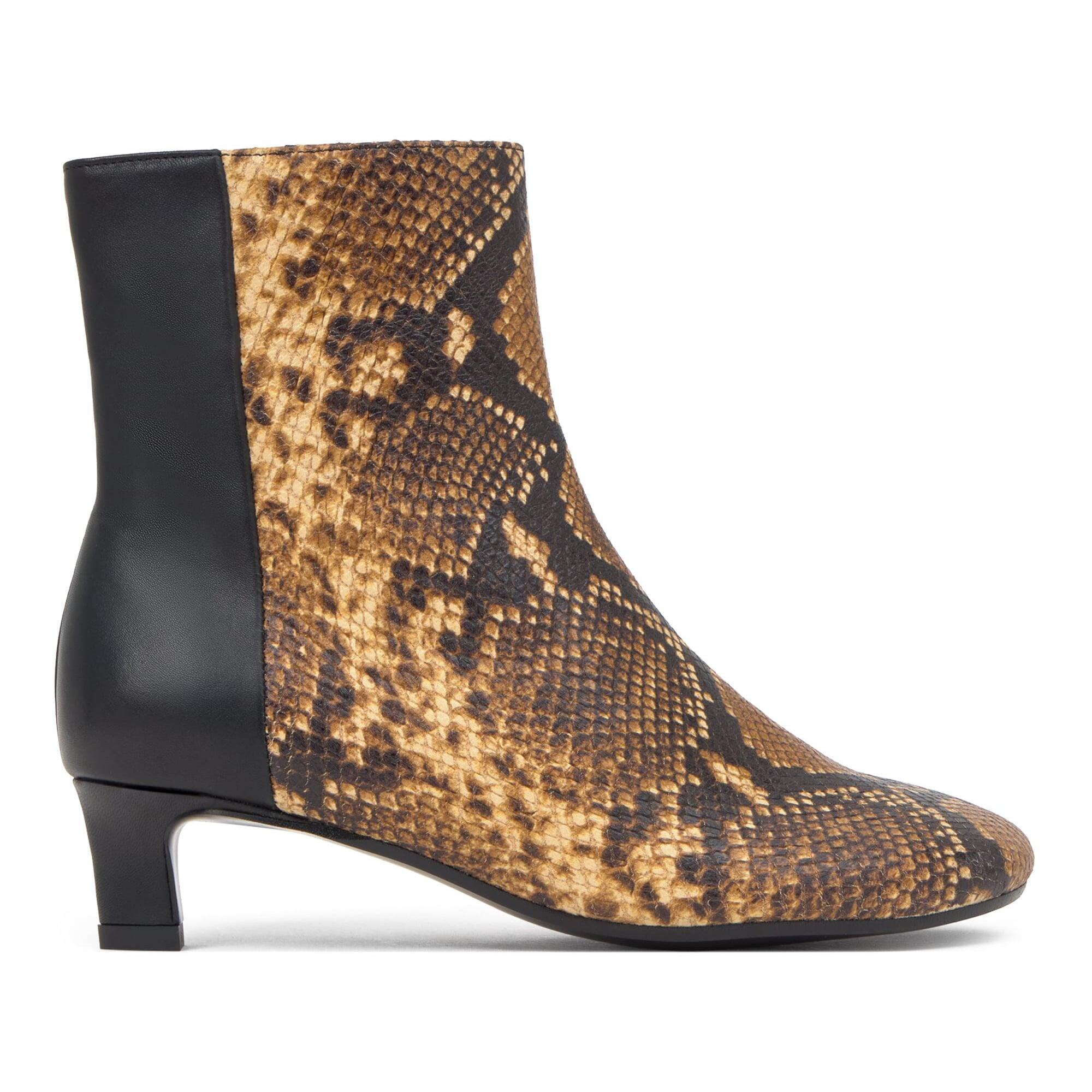 Botín de tacón Astrid en napa con efecto serpiente y cierre de cremallera