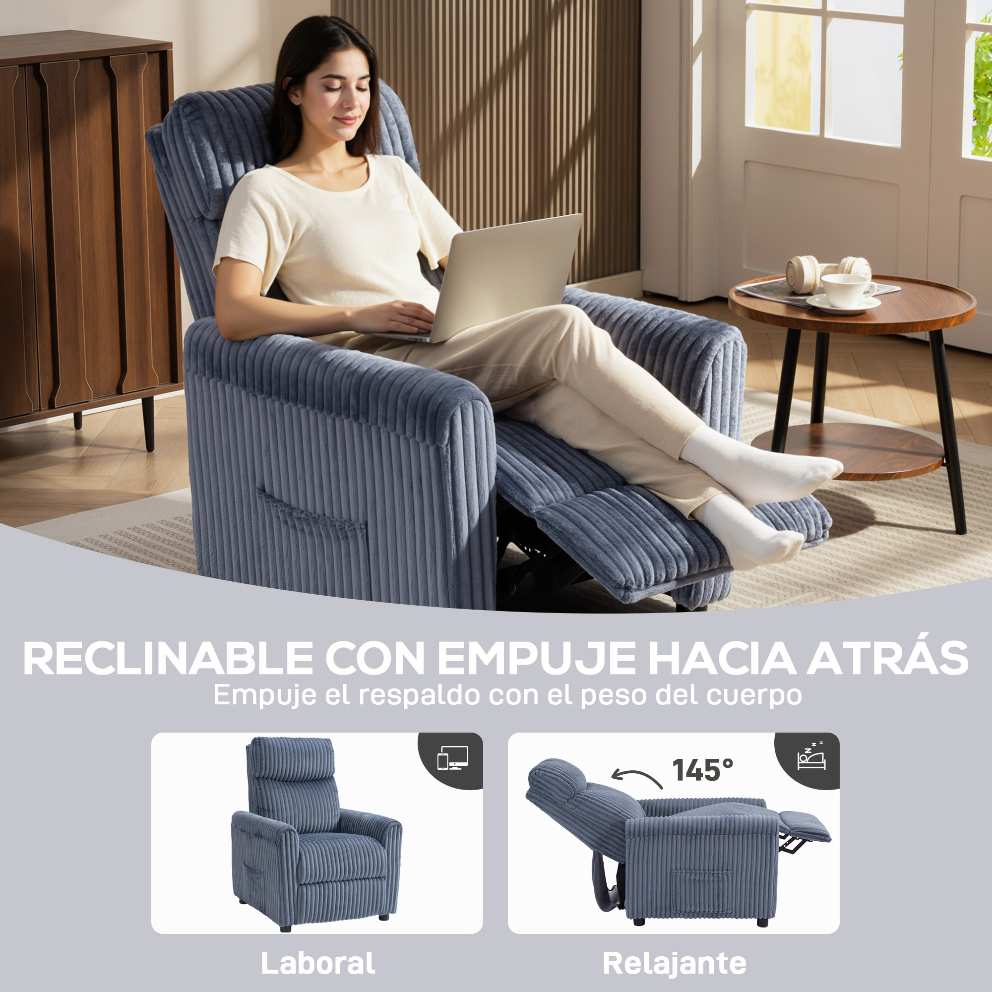 Sillón Relax Reclinable, Sillón Reclinable Manual, Tapizado en Pana, Instalación Rápida, Reposapiés, Acolchado Grueso, para Salón, Dormitorio, Oficina, Azul Oscuro