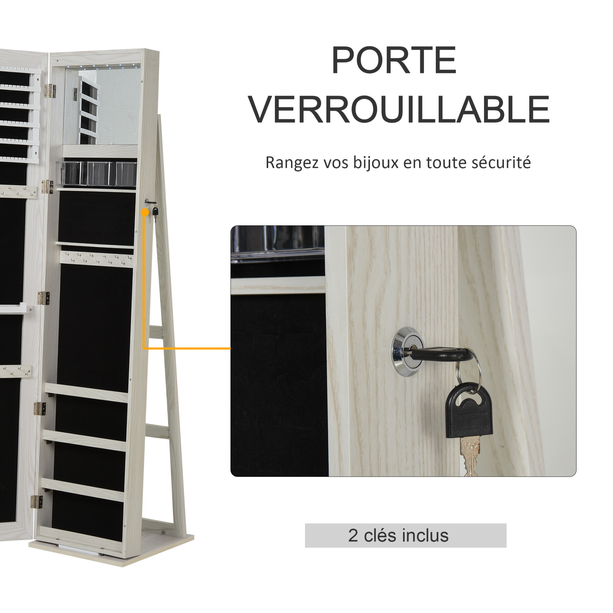 HOMCOM Armoire à bijoux avec miroir sur pied multi-rangements éclairage LED blanc dim. 38L x 38l x H157 cm