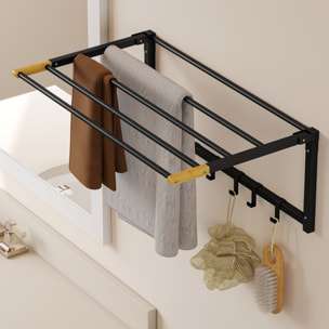 Toallero de Baño de Pared, Toallero Plegable con 5 Barras y 6 Ganchos, para Toallas, Baño, 60 cm, Negro
