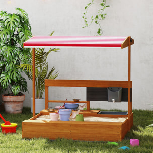 Arenero para Niños de Madera con Techo Ajustable, Arenero Infantil con Juguetes de Cocina, Estante y 2 Asientos, Juego para Niños de 3-7 Años, para Patio, Jardín, 114x110x110 cm, Marrón