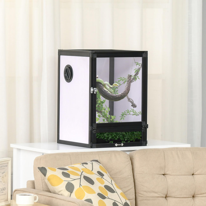 Terrarium vivarium boîte pour reptiles dim. 32L x 32l x 46H cm avec passe-câble, fond en ABS, plateau amovible noir blanc