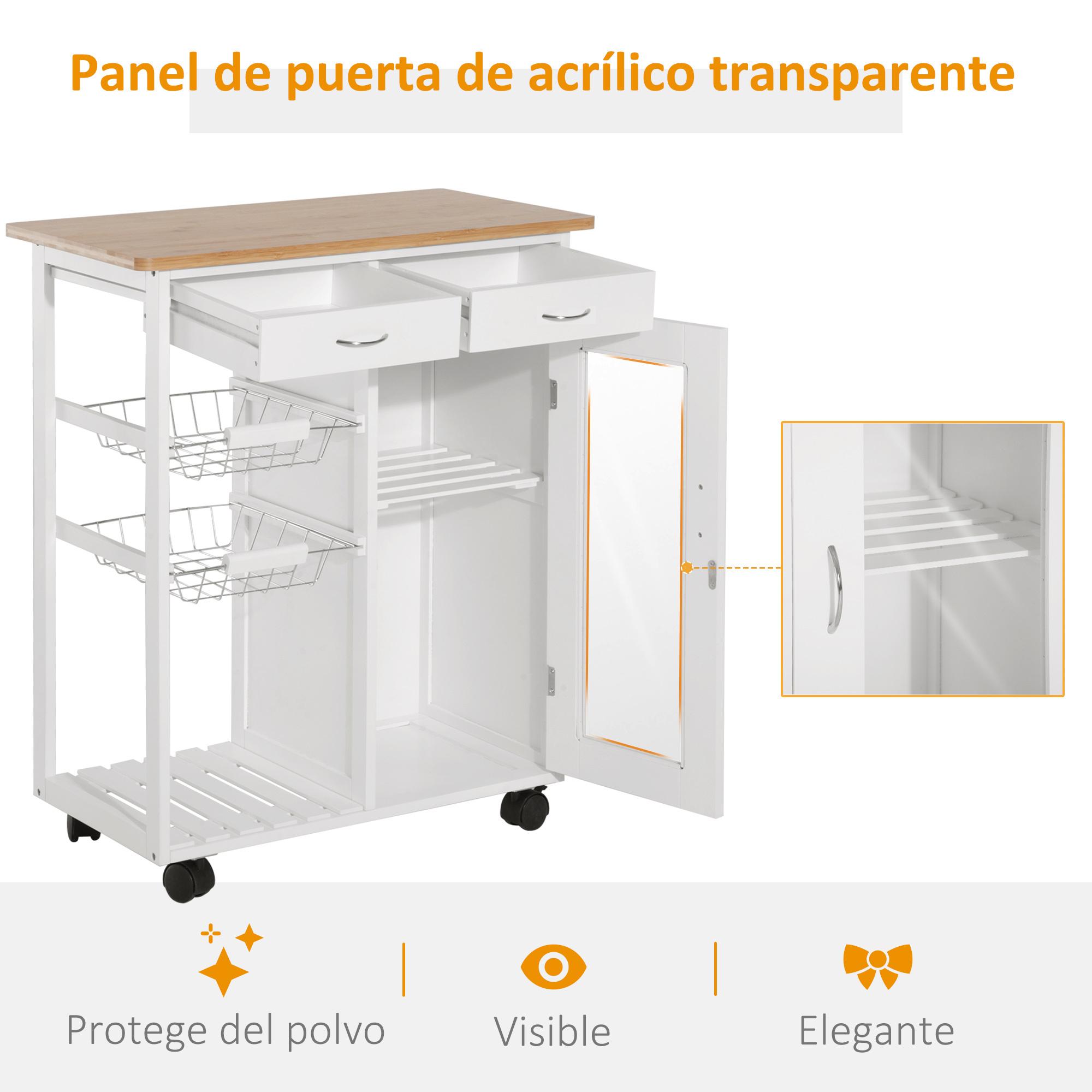 Carro de Cocina con Estantes de Bambú 70x37x85cm Blanco