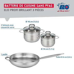 Ensemble de 1 Poêle de cuisson 32 cm et 2 faitouts 14 et 16 cm Elo Profi Brillant