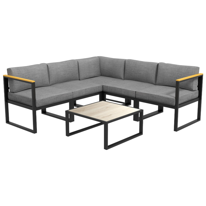 Ensemble salon de jardin d'angle 5 places design contemporain table basse coussins alu