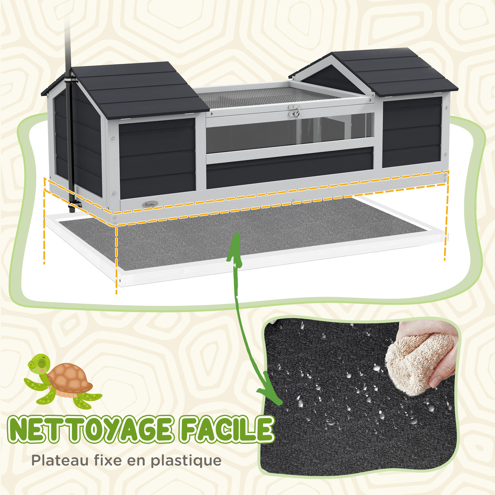 Maison tortue terrestre extérieure - enclos tortue 2 niches, support lampe réglable, toit ouvrable - acrylique bois gris