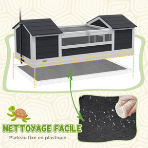 Maison tortue terrestre extérieure - enclos tortue 2 niches, support lampe réglable, toit ouvrable - acrylique bois gris