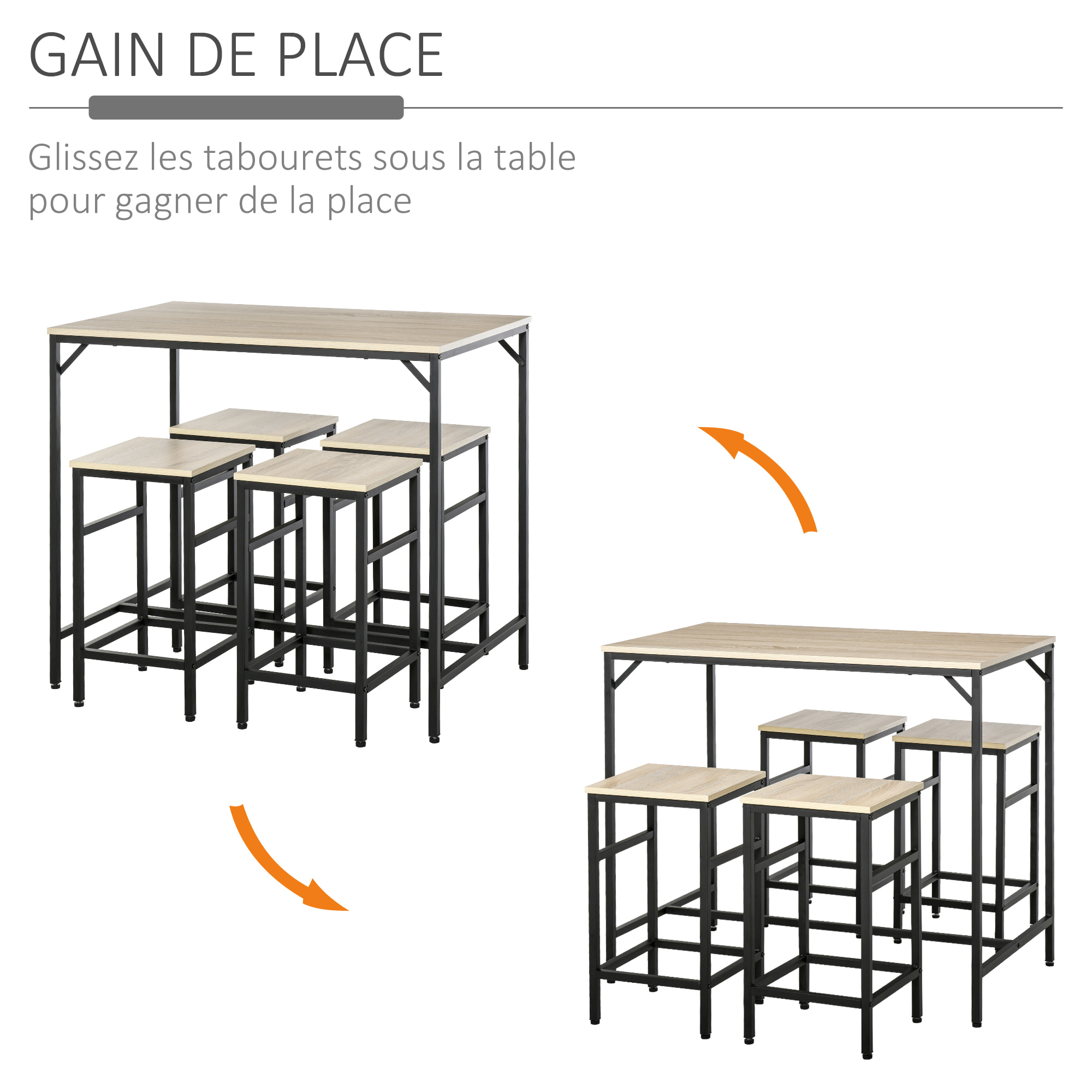 Ensemble table de bar design industriel + 4 tabourets repose-pieds panneaux particules imitation chêne clair métal noir