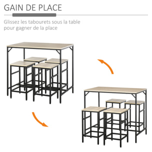 Ensemble table de bar design industriel + 4 tabourets repose-pieds panneaux particules imitation chêne clair métal noir