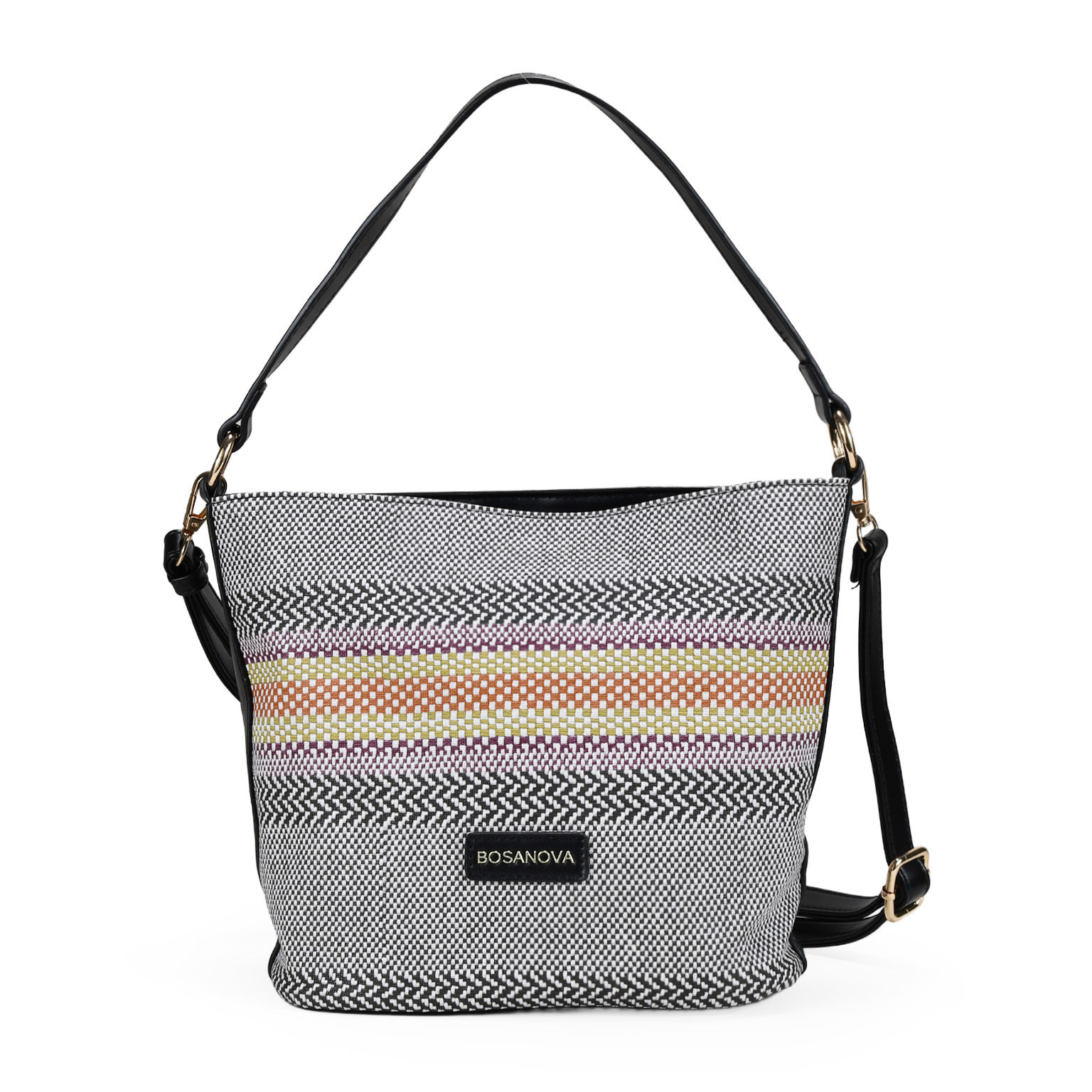 Bolso de hombro negro y gris con rayas