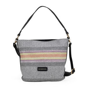 Bolso de hombro negro y gris con rayas