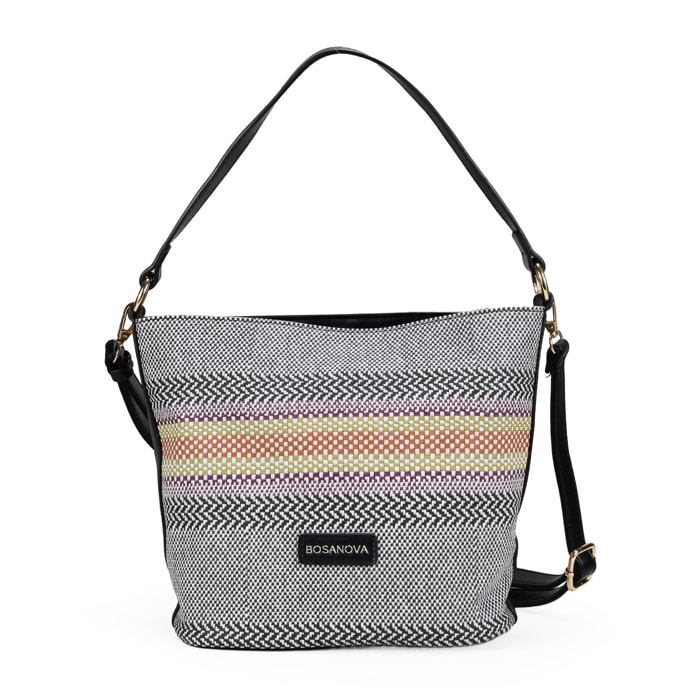 Bolso de hombro negro y gris con rayas