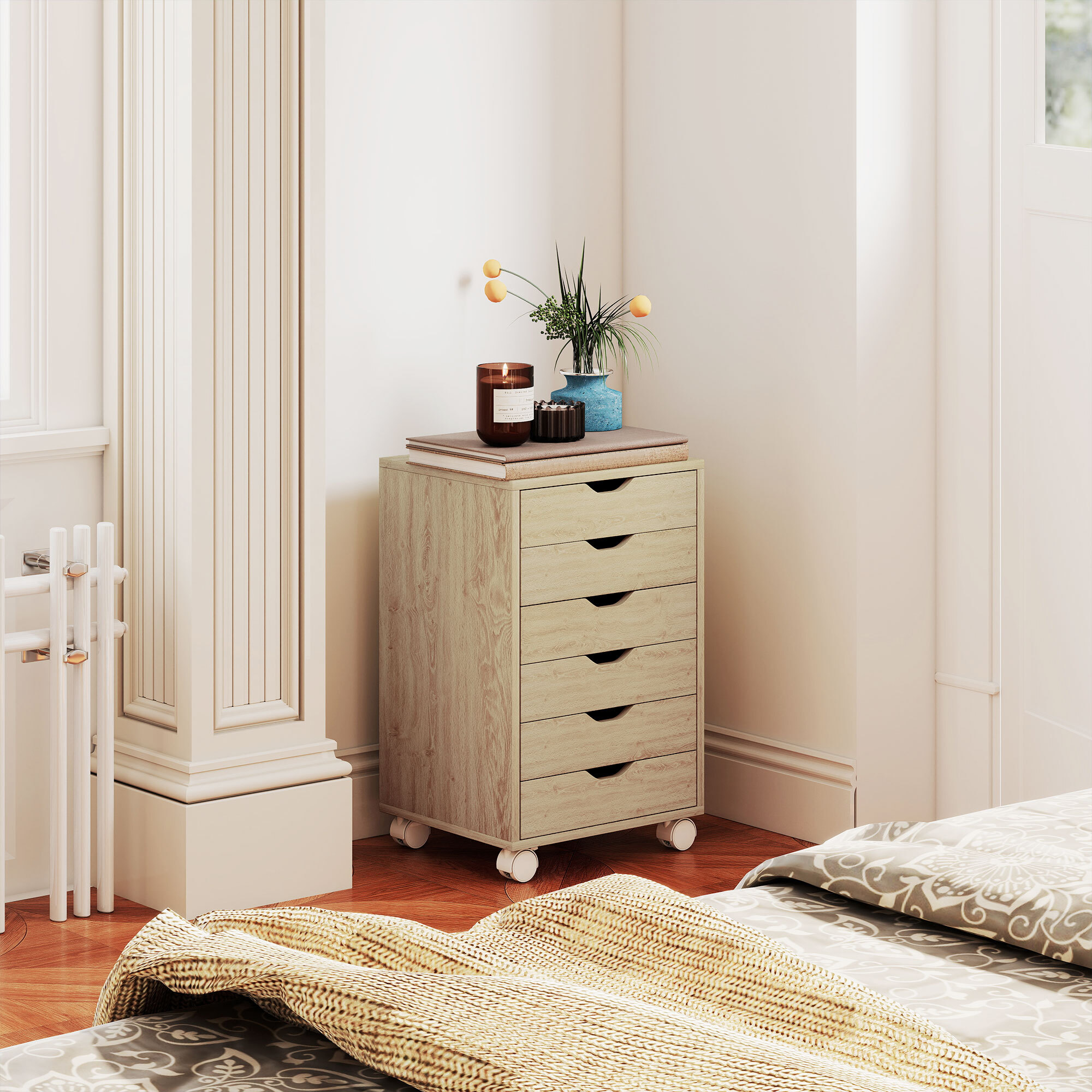 Cajonera Escritorio, Archivador Móvil con 6 Cajones, Soporte para Impresora con Ruedas, Guías Deslizantes Silenciosas, para Oficina, Casa, Roble