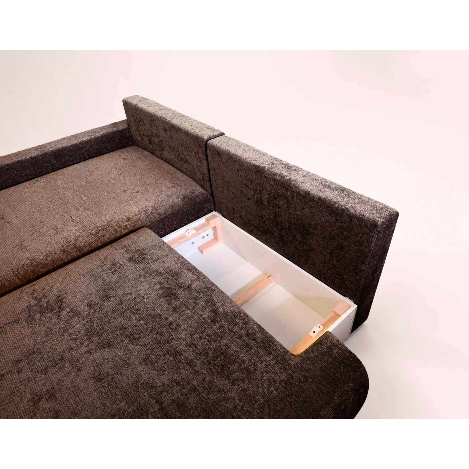 Pivoine - Canapé d'angle ouvert gauche 4 places convertible avec coffre en tissu texturé - Marron