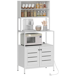 Estantería de Cocina con Toma de Corriente Soporte para Microondas Estante de Cocina con 2 Puertas con Lamas 2 Puertos USB y Compartimentos para Comedor Salón Blanco