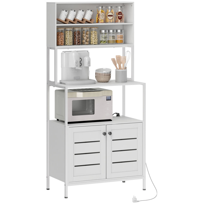 Estantería de Cocina con Toma de Corriente Soporte para Microondas Estante de Cocina con 2 Puertas con Lamas 2 Puertos USB y Compartimentos para Comedor Salón Blanco