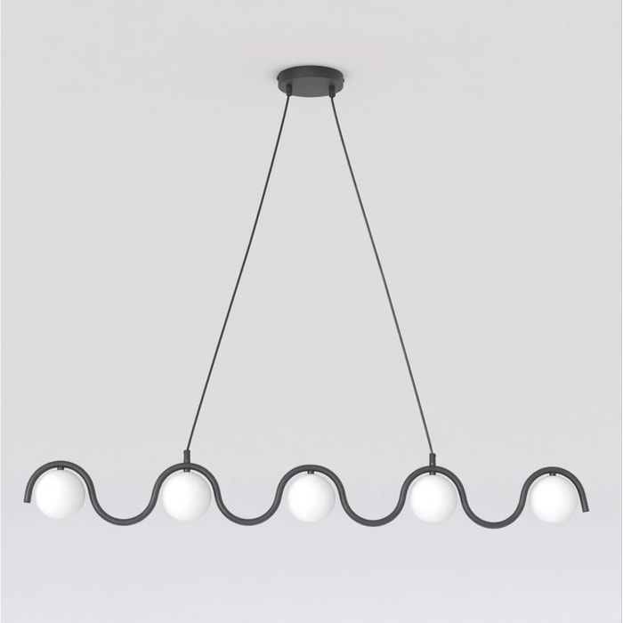Lampada a sospensione Sinus in acciaio nero e vetro opalino