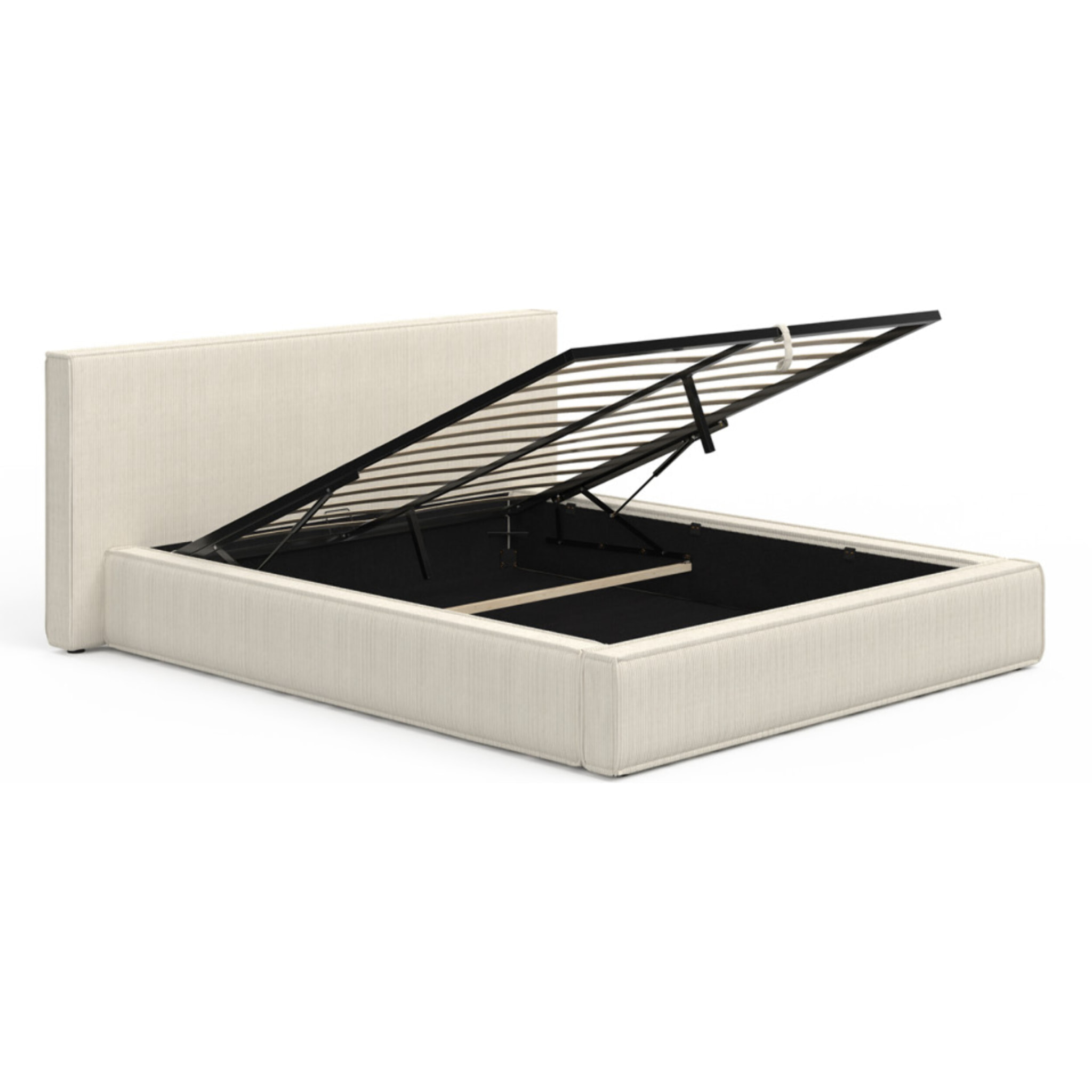 Lit coffre Joyce en velours côtelé beige avec sommier et tête de lit 140x190cm