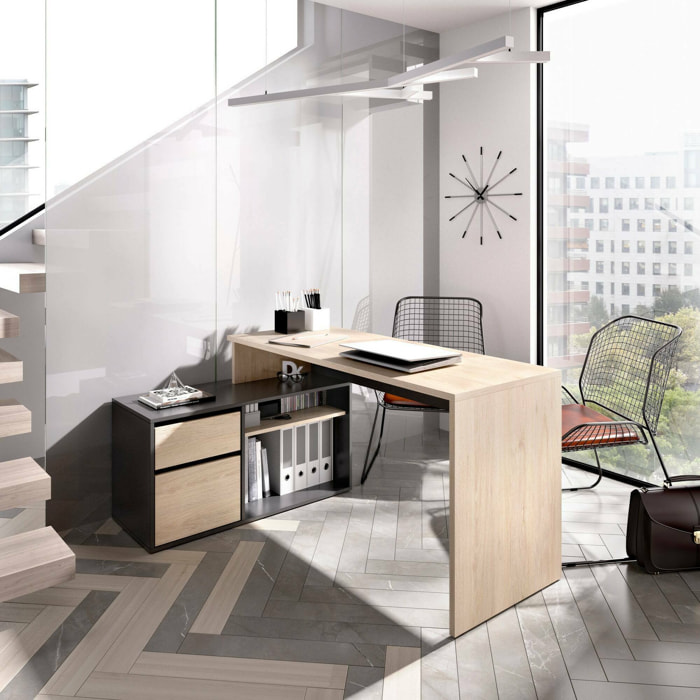 Scrivania Andor, Scrittoio multiposizione da ufficio o cameretta, Tavolo da studio angolare multiuso, 139x92h75 cm, Rovere e Antracite