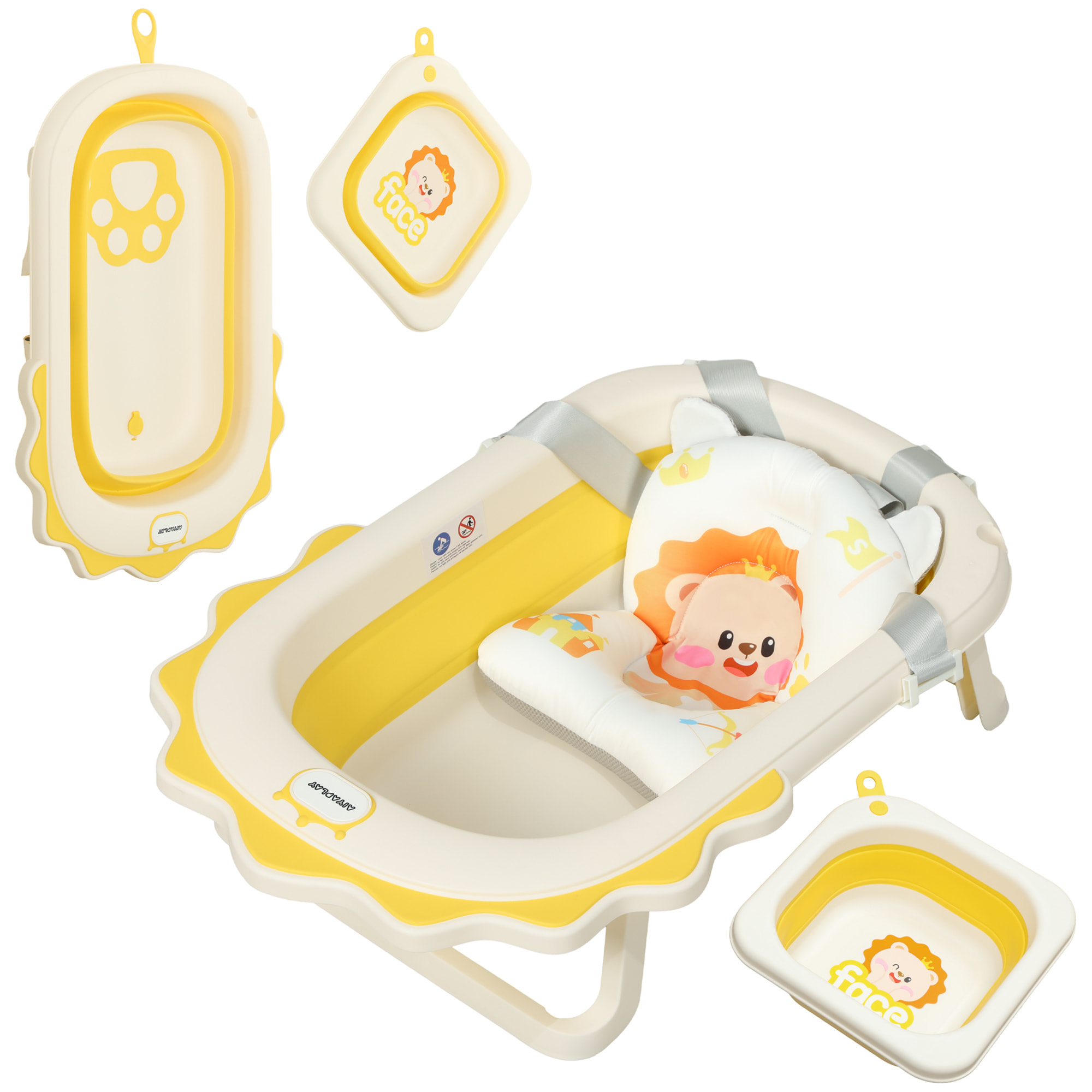 Bañera Plegable Bebés con Cojín y Palangana 80,5x55x20 cm Bañera Bebé 0-3 Años con Patas Almohadillas Antideslizantes Orificio de Drenaje y Agujero de Ducha Amarillo