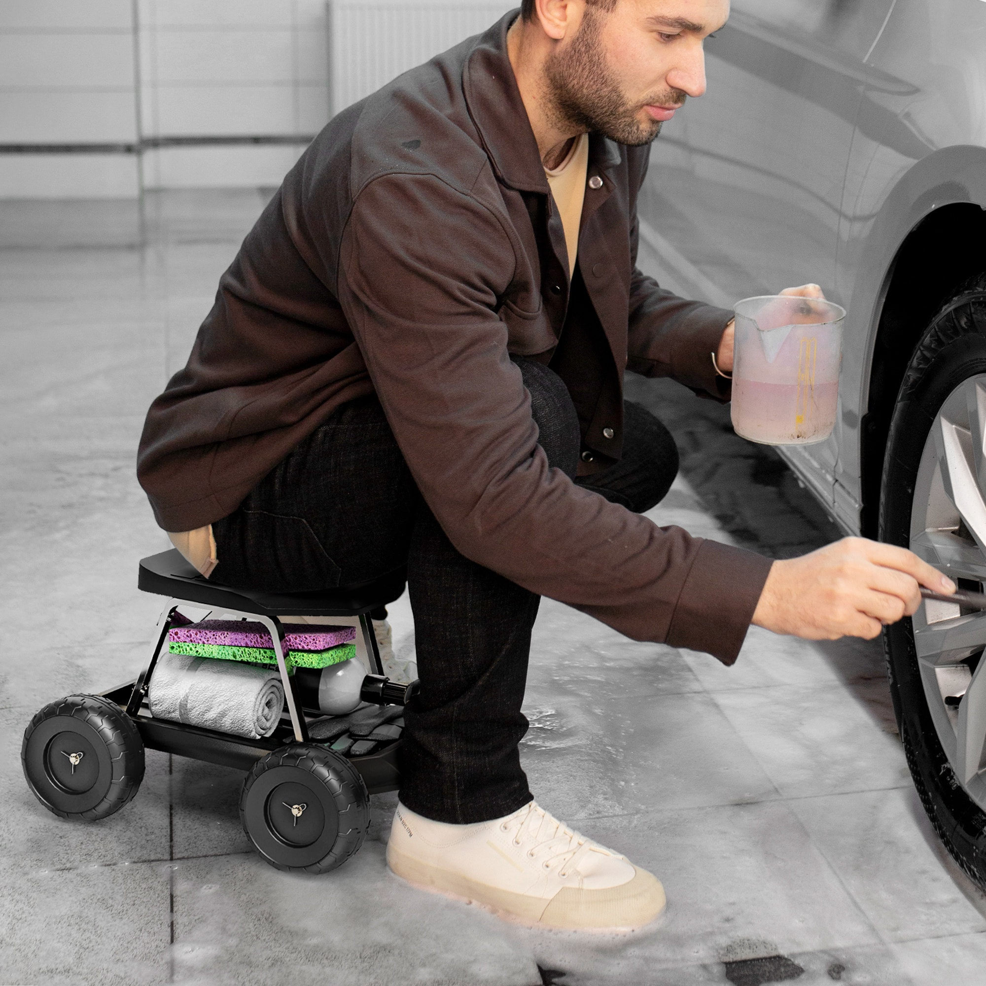 Asiento de Jardín con Ruedas Taburete de Jardinería con Bandeja de Herramientas Carrito para Trabajo Carga 130 kg para Patio Exterior Negro