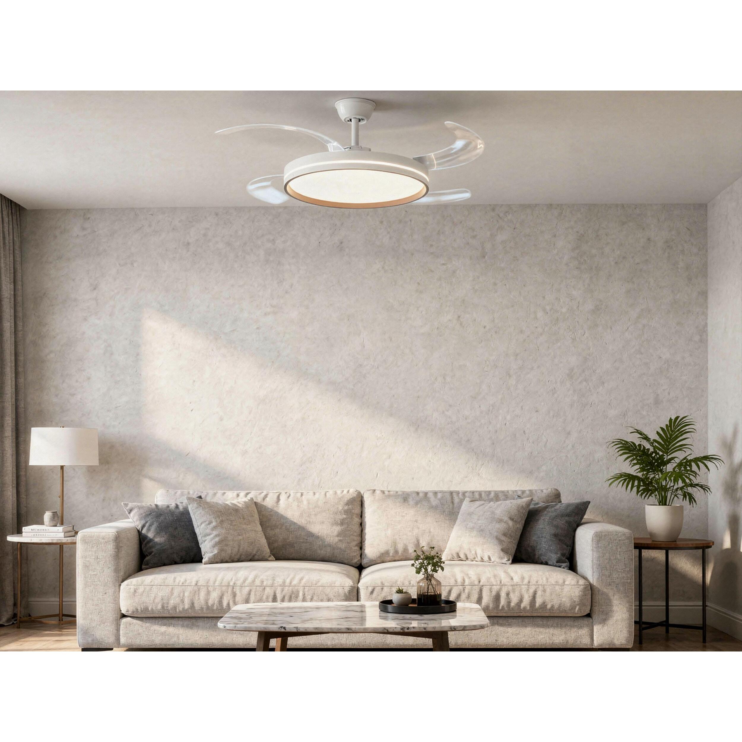 Ventilateur de plafond rétractable avec lumière, diamètre 122 cm, couleur blanc et bois