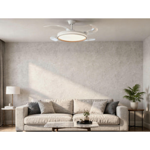 Ventilateur de plafond rétractable avec lumière, diamètre 122 cm, couleur blanc et bois