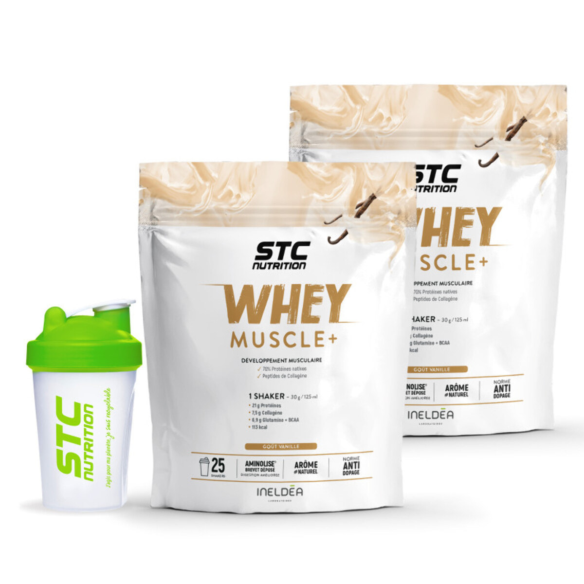 STC NUTRITION - Whey Muscle+ - Protéines Natives & Shaker - Développement Muscle Sec - Innovation Brevetée Aminolise 100% Digeste - Sans Colorants, Sans Gluten - Chocolat -  Lot de 2 Doypack 750g