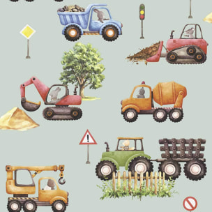 Papier peint engins chantier animaux fond vert