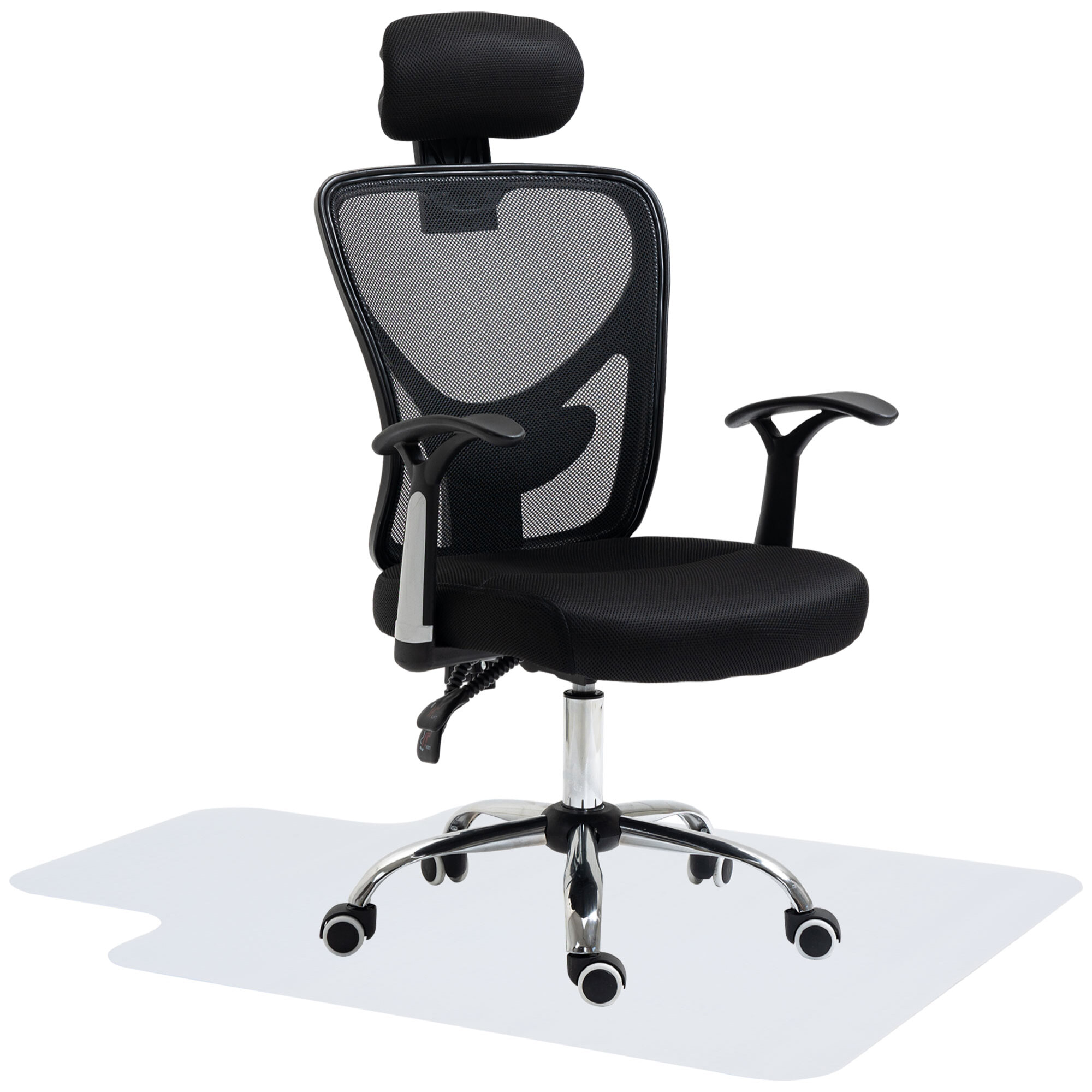 Conjunto de Oficina Incluye 1 Silla de Oficina Reclinable con Altura Ajustable 62x67x108-118 cm y 1 Alfombra Protectora de Suelo 90x120 cm Negro y Transparente