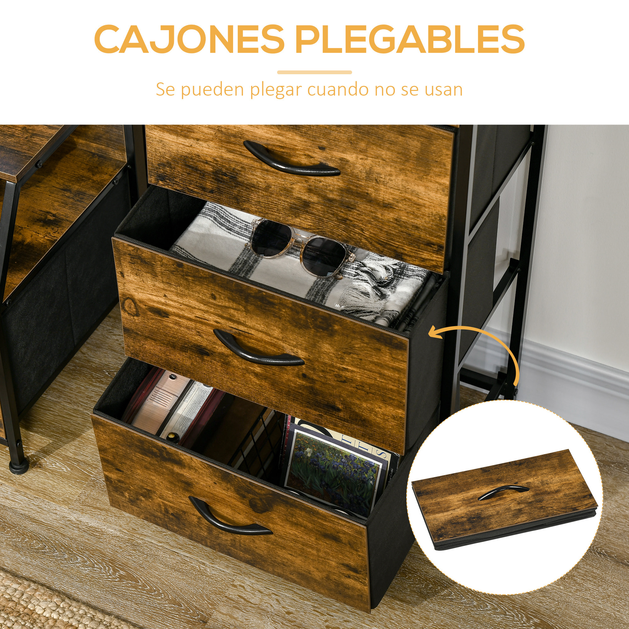 HOMCOM Cómoda Cajonera Cómoda de Madera con 3 Cajones de Tela Plegable y Estante Abierto para Salón Oficina Dormitorio Estilo Industrial Antivuelco 44x29x92 cm Marrón Rústico