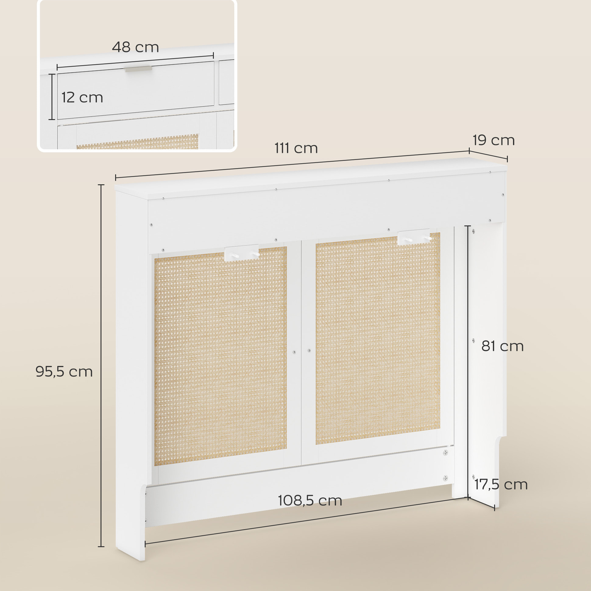 Cubre Radiadores con Puertas Abatibles y Ratán, Cubreradiador de MDF, 111x19x95,5 cm, Cubierta para Radiador, 2 Compartimentos, Diseño Bohemio, para Salón, Dormitorio, Blanco