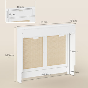 Cubre Radiadores con Puertas Abatibles y Ratán, Cubreradiador de MDF, 111x19x95,5 cm, Cubierta para Radiador, 2 Compartimentos, Diseño Bohemio, para Salón, Dormitorio, Blanco