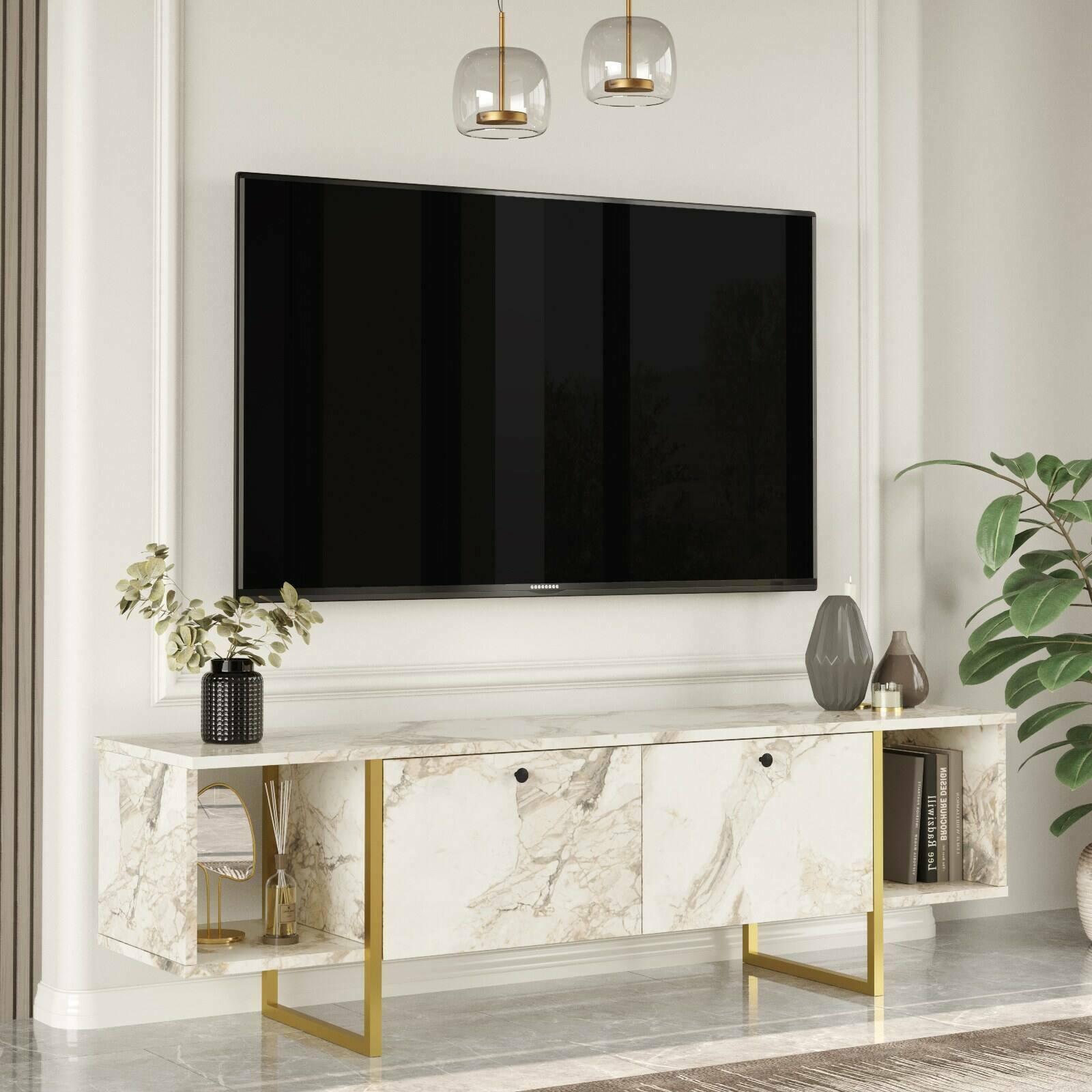 Mobile porta TV Dflorian, Credenza da soggiorno, Armadio basso per TV, Base parete attrezzata, 160x40h48 cm, Bianco e Oro