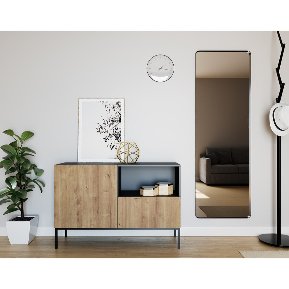 Felicia - buffet bas - effet bois et noir - 1 porte, 1 tiroir et 1 niche - 120 cm - Bois / Noir